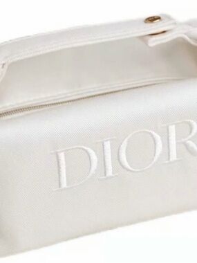 Dior White Embossed Logo Toiletry Pouch with Gold Snap